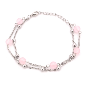 Double-layered stainless steel bracelet with natural strawberry quartz and silver chains