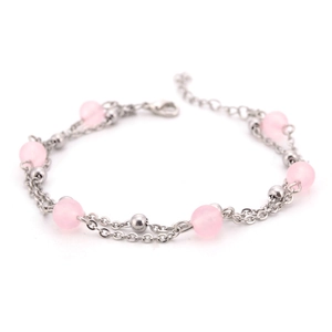 Double-layer stainless steel bracelet with strawberry quartz pink beads and silver chain