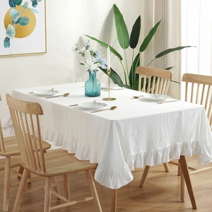 European white ruffled edge tablecloth in washed cotton for home and hotel dining decor