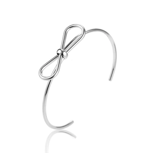Minimalist silver-tone bow knot open cuff bracelet made of polished stainless steel