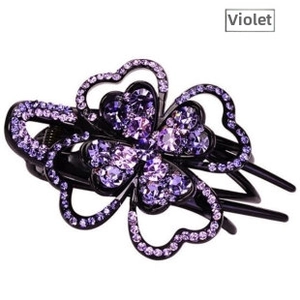 Close-up of violet crystal clover headband with non-slip teeth and black alloy base