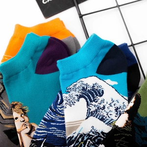 Artistic low-cut cotton socks featuring Van Gogh and Ukiyoe wave patterns for women