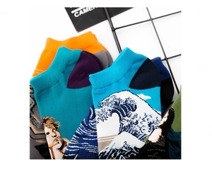 Close-up of low-cut cotton socks with Great Wave off Kanagawa and Ukiyo-e art prints