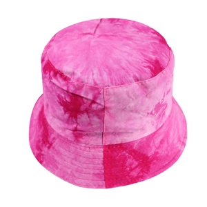 Pink tie-dye reversible bucket hat with cotton canvas and reinforced brim stitching