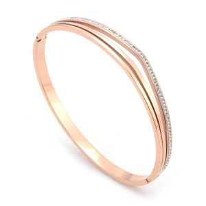 Elegant rose gold titanium steel bracelet featuring a minimalist double layer V-shaped row of diamonds