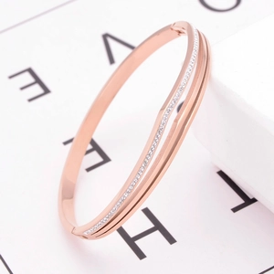 Rose Gold Double Layer Titanium Steel Bangle Bracelet With Sparkling Rhinestones Minimalist Fashion Jewelry For Women