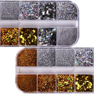 Detailed view of 12-grid boxes with various glitter powder and hexagonal sequins