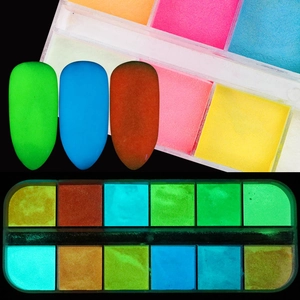 Detail of 12-color nail glitter powder palette showing neon and luminous glow effect