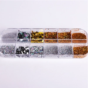 12-grid storage box featuring assorted holographic and metallic nail art glitter sequins