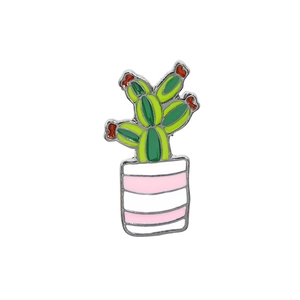 Close-up of green cactus brooch with red flower in pink striped pot on white background
