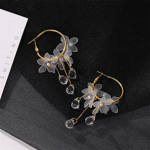 Elegant gold flower hoop earrings with frosted petals and water drop crystal pendants