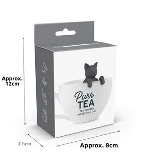Front view of Purrtea cat shape silicone tea infuser in its minimalist retail box
