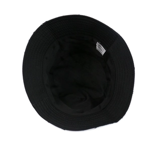 Internal view of black cotton bucket hat showing quality stitching and 100% cotton label