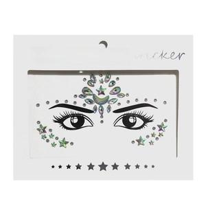 Detail of colorful face crystal stickers with rhinestone stars in clear packaging