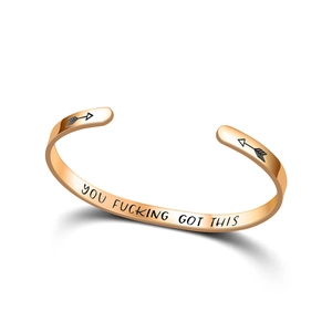 Polished rose gold stainless steel C-shaped cuff bracelet with motivational engraving