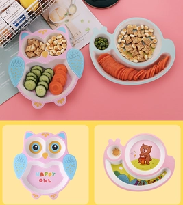 Divided bamboo fiber plates featuring cute cartoon owl and snail designs for kids
