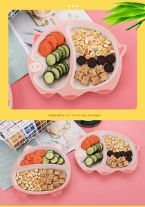 Pink cartoon pig bamboo fiber divided plate for kids with vegetable oil printing