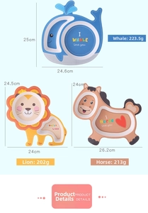 Cartoon bamboo fiber divided kid plates in whale, lion, and pony shapes with measurements