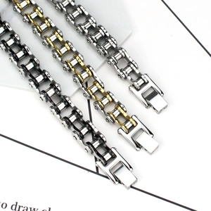 Industrial style stainless steel bike chain bracelet for men in three metallic finishes