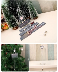 Gray wooden Christmas tree hanger with bells and bow for festive home door decor