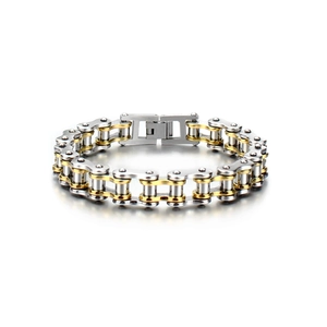 Polished silver and gold bi-color motorcycle chain bracelet for men in stainless steel