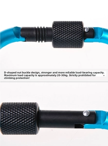 Macro detail of 8cm D-ring carabiner with blue aluminum finish and screw lock nut