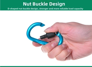Detail of 8cm D-ring locking carabiner with blue finish and screw gate safety lock