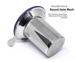Detailed macro view of 304 stainless steel tea infuser with round hole mesh and blue seal