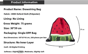 Sac à cordon avec impression pastèque 3D en tissu Oxford 300D mesurant 30x39cm