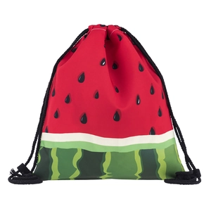 Sac à cordon à imprimé pastèque 3D en rouge et vert avec cordons de serrage noirs