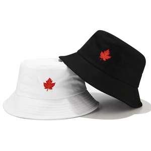 Classic cotton bucket hat with red maple leaf embroidery in black and white colors