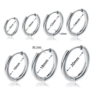 Stainless steel hoop earrings size chart with diameters from 8mm to 20mm and 1mm needle