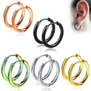 Detailed display of round stainless steel hoop earrings in gold, silver, and black colors