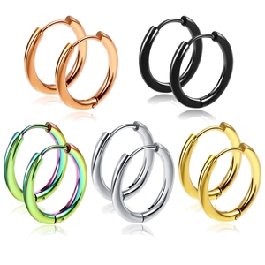 Five pairs of round stainless steel hoop earrings in gold, silver, black, and rainbow