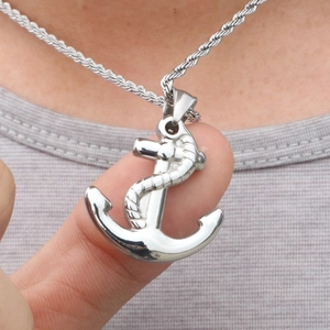 Silver vintage anchor pendant with rope detail on a twisted chain for men's fashion