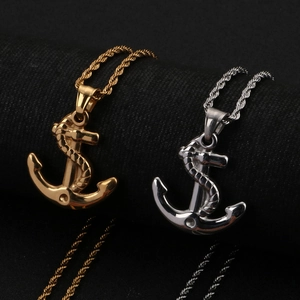 Retro anchor pendant necklaces in gold and silver steel with twisted rope chains
