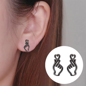 Fashionable black stainless steel heart hand sign stud earrings for a stylish look
