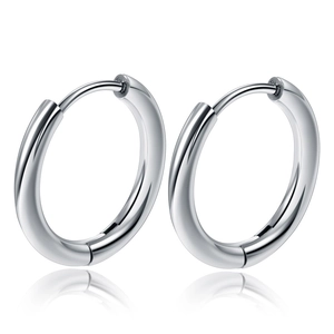 Minimalist silver stainless steel hoop earrings for men with polished finish and reflection