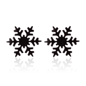 Minimalist black snowflake stud earrings in stainless steel with elegant mirror reflection
