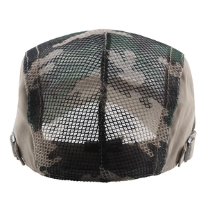 Camo mesh beret cap with breathable hollow design and adjustable metal side buckles