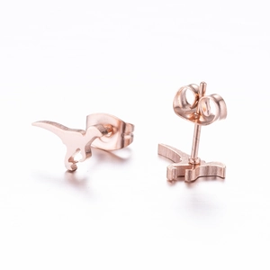 Polished rose gold stainless steel dinosaur stud earrings with butterfly backings