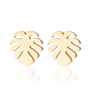 Golden monstera leaf stud earrings for women with polished finish on white background