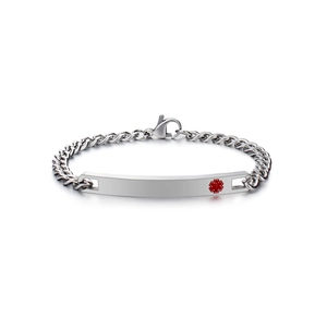 Detailed shot of silver medical alert bracelet with red Caduceus symbol on ID plate