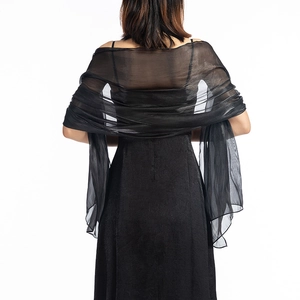 Elegant black sheer shawl for evening gowns and weddings, back view on professional model
