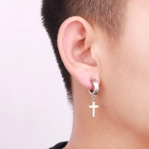 Minimalist silver stainless steel cross drop earrings for men and women on model