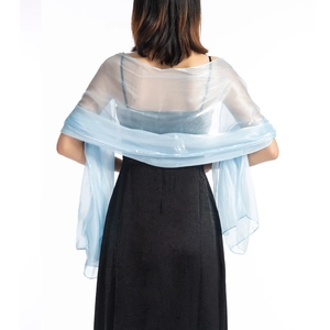 Light blue sheer evening shawl for weddings, elegant back view drape on female model