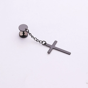 Detail view of a black stainless steel hoop earring with a cross pendant and chain link
