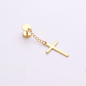 Minimalist gold stainless steel hoop earrings with cross and feather chain pendant charms