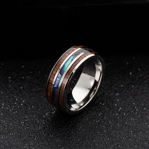 Titanium steel men's wide ring with dark wood grain and iridescent shell inlay