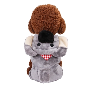 Detail view of a gray coral fleece pet hoodie with cute pocket and plaid scarf details